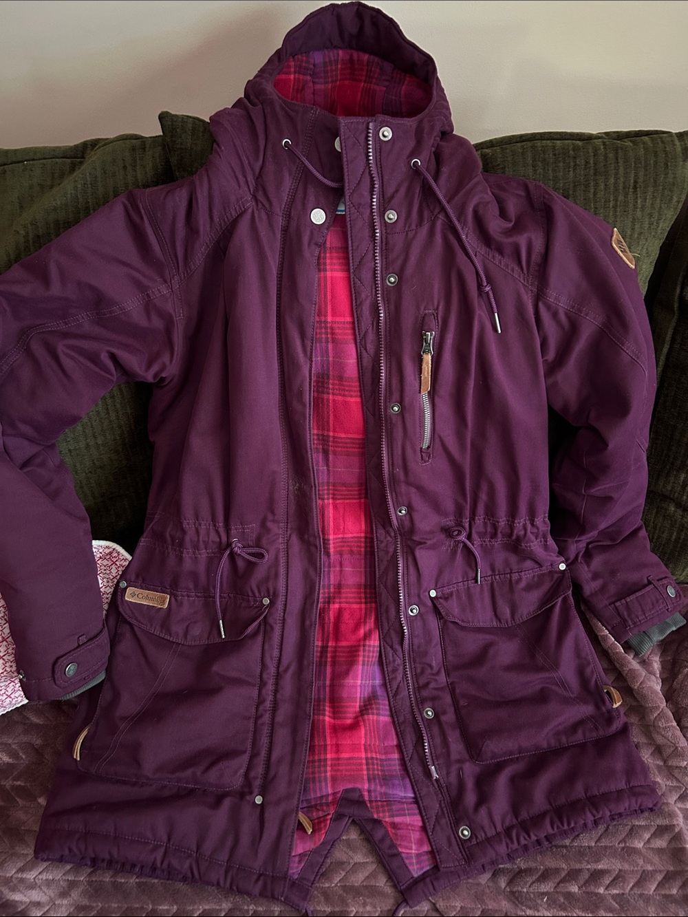 Women's Plum Hooded Ski Jacket with Plaid Lining